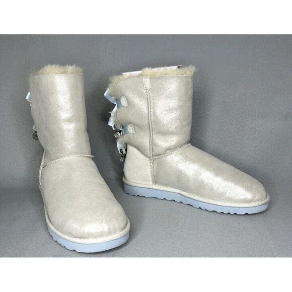 Women's 9 UGG Boots Bailey Bow I DO Crystal Shimmer White Silver Baby Blue RARE - Picture 7 of 16